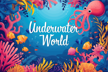 Underwater world banner with octopus and fish. Vector illustration.のイラスト素材