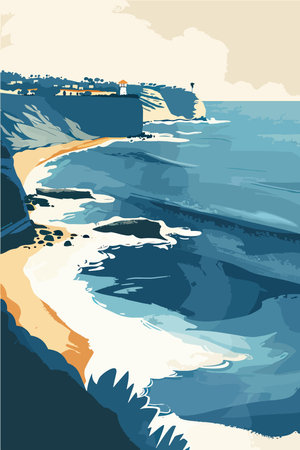 Seascape with waves and rocks. Vector illustration in retro style.のイラスト素材