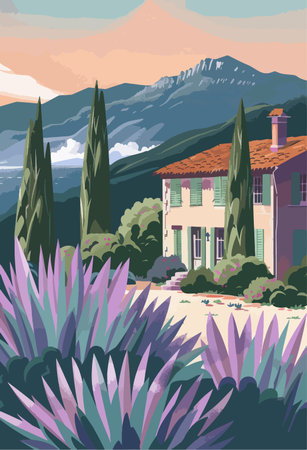 Landscape with a villa in the mountains. Vector illustration.のイラスト素材