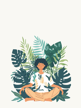 Vector illustration of a girl meditating in lotus position with tropical leaves.のイラスト素材