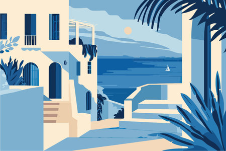 Vector illustration of a summer day on the beach in Santoriniのイラスト素材