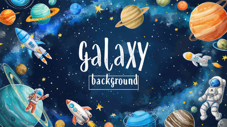 Space background with planets, rocket, stars and hand drawn lettering.のイラスト素材