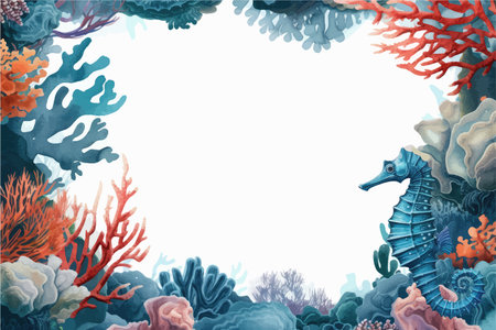 Underwater background with seahorse and corals. Vector illustration.のイラスト素材