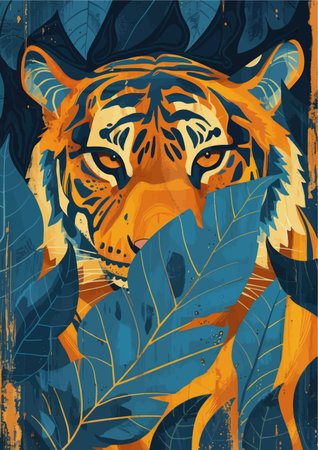 Tiger head with leaves. Vector illustration for t-shirt design.のイラスト素材