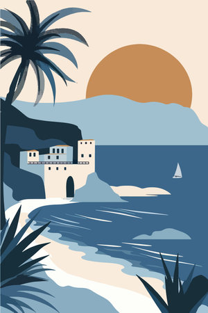 Seascape with a castle, palm trees and sea. Vector illustrationのイラスト素材