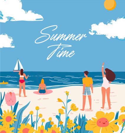 Summer time vector illustration. Summertime banner with people and flowers on the beach.のイラスト素材