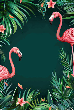 Tropical background with flamingos and palm leaves. Vector illustrationのイラスト素材