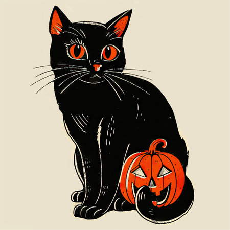 Halloween black cat and pumpkin. Hand drawn vector illustration for Halloween.のイラスト素材