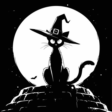 Vector illustration of a black cat in a witch hat sitting on the top of a rock with a moon in the backgroundのイラスト素材