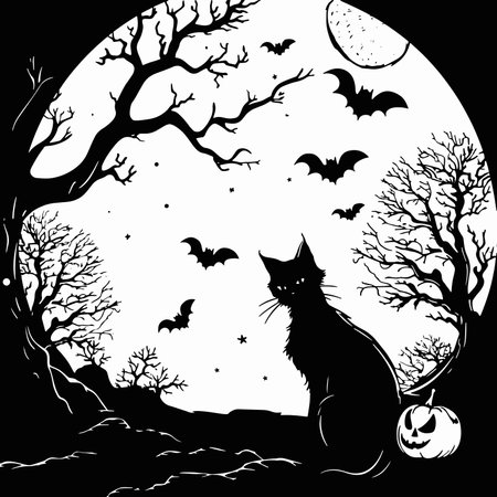 Halloween background with black cat, full moon and bats. Vector illustration.のイラスト素材