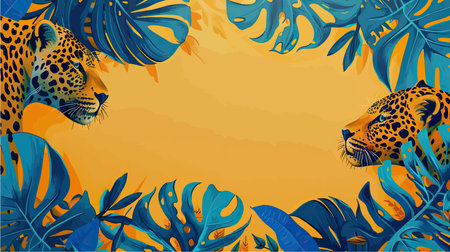 Leopard and tropical leaves on yellow background. Vector illustration in flat style.のイラスト素材