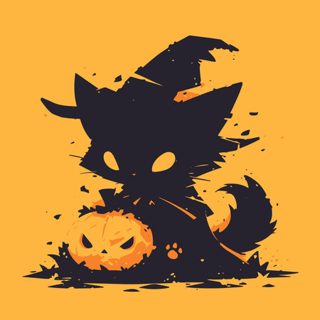 Halloween vector illustration. Cute black cat with pumpkin on orange background.のイラスト素材