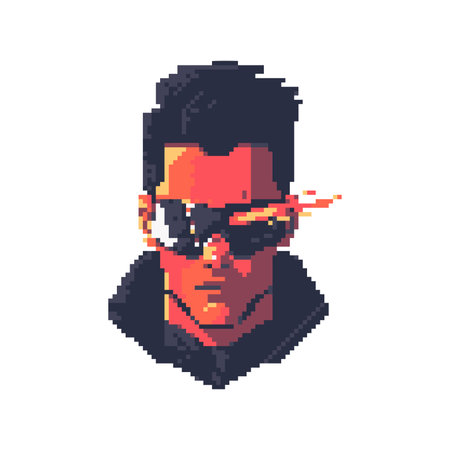 Pixel art portrait of a man in a virtual reality helmet. Vector illustrationのイラスト素材