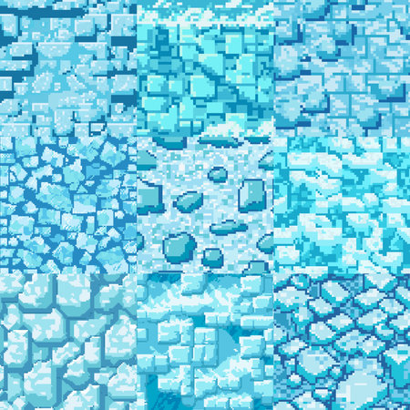 Seamless pattern of blue pixelated blocks with snowflakesのイラスト素材