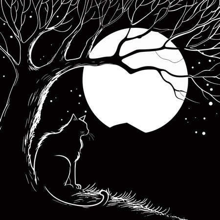 Black and white vector illustration of a cat sitting in a tree at night.のイラスト素材