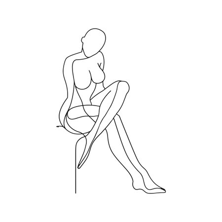 continuous line drawing of a beautiful woman sitting on a chair.のイラスト素材