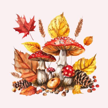 Hand drawn watercolor illustration of autumn leaves, mushrooms and pine conesのイラスト素材