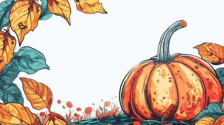 Autumn background with pumpkins and leaves. Hand drawn vector illustration.のイラスト素材
