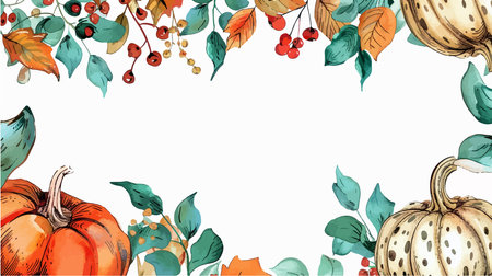 Autumn background with pumpkins and leaves. Hand drawn vector illustration.のイラスト素材