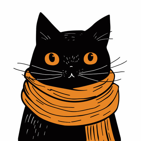 Black cat with orange scarf isolated on white background. Vector illustration.のイラスト素材