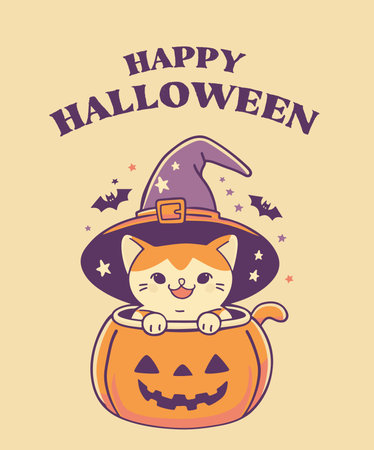 Happy halloween card with cute cat in witch hat. Vector illustration.のイラスト素材