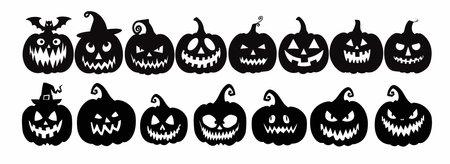 Halloween pumpkins icons set. Vector illustration in black and white.のイラスト素材