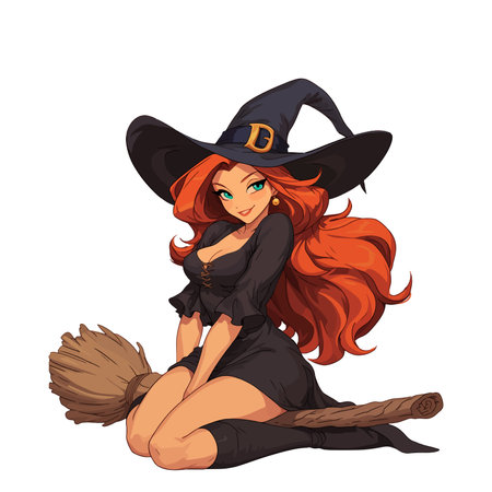 Sexy witch sitting on a broomstick. Vector illustration isolated on white background.のイラスト素材