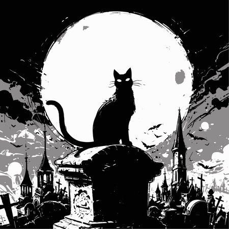 black cat on the grave in the cemetery, vector illustration, halloweenのイラスト素材