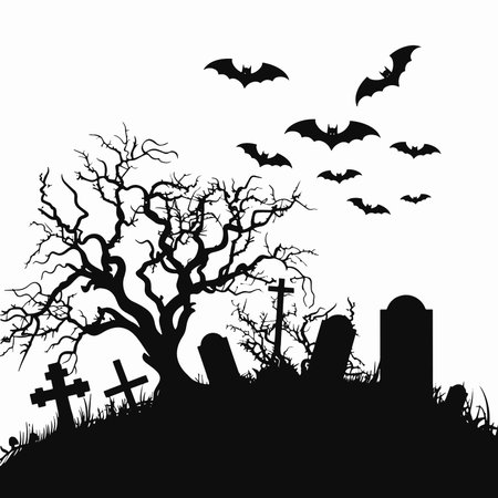 Halloween background with cemetery, bats and tree. Vector illustration.のイラスト素材