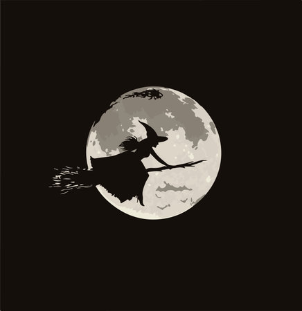 Witch flying on a broomstick on a full moon background.のイラスト素材