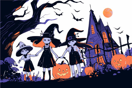 Halloween illustration with a group of witches and pumpkins in the cemeteryのイラスト素材