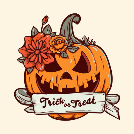 Halloween pumpkin with flowers and ribbon. Vector illustration for your designのイラスト素材