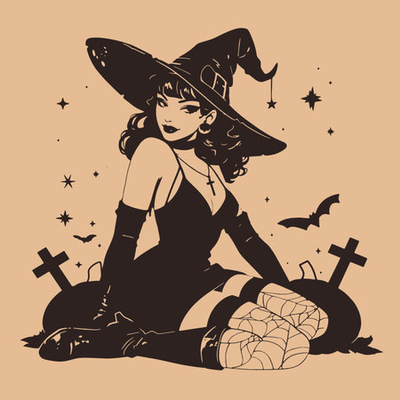 Sexy witch sitting on the floor. Vector illustration in vintage style.のイラスト素材