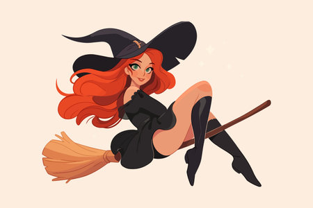 Beautiful witch flying on a broomstick. Vector illustration in cartoon style.のイラスト素材