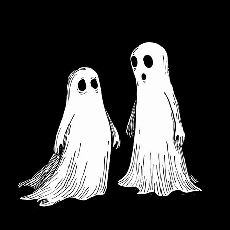 Hand drawn vector illustration of two ghosts isolated on black background. Design element for Halloween.のイラスト素材