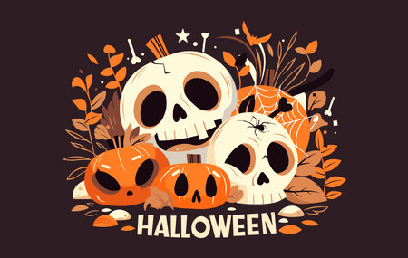 Halloween vector illustration with pumpkins, skulls, autumn leaves and lettering.のイラスト素材