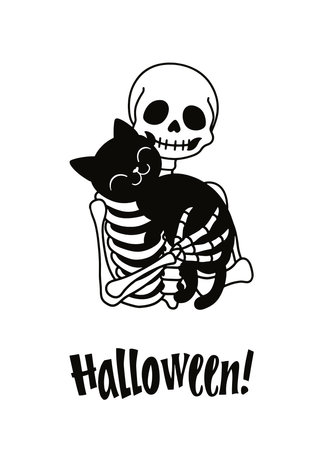 Halloween lettering with skull, cat and skeleton. Vector illustration.のイラスト素材