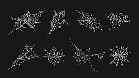 Set of spider web isolated on black background. Halloween design element. Vector illustration.のイラスト素材
