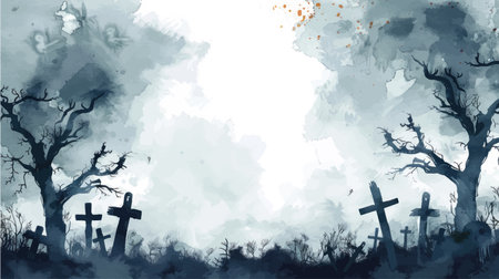 Halloween background with scary trees, bats and crosses. Vector illustration.