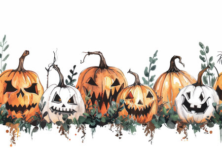 Horizontal Halloween banner with pumpkins and leaves. Hand drawn watercolor illustrationのイラスト素材