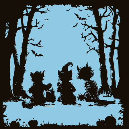Halloween background with two witches in the forest. Vector illustration.のイラスト素材