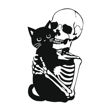Black cat and skeleton. Vector illustration isolated on a white background.のイラスト素材