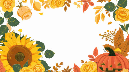 Autumn background with pumpkins, roses and leaves. Vector illustration.のイラスト素材