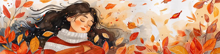 Autumn banner with young woman and falling leaves, vector illustration.のイラスト素材