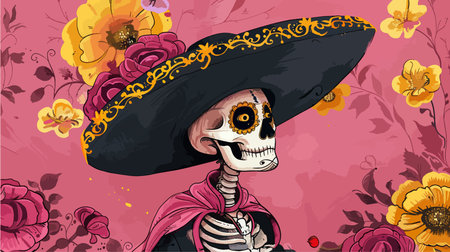 Mexican skull with sombrero and floral background. Vector illustration.のイラスト素材