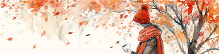 Autumn watercolor background with a girl in a hat and scarfのイラスト素材