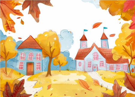Autumn background with colorful trees and houses. Vector illustration for your designのイラスト素材