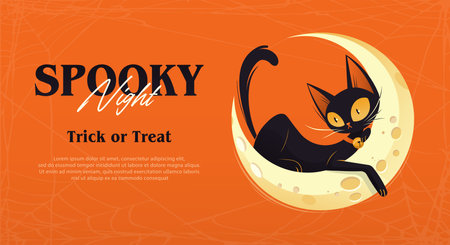 Spooky Halloween banner with black cat and moon. Vector illustration.のイラスト素材