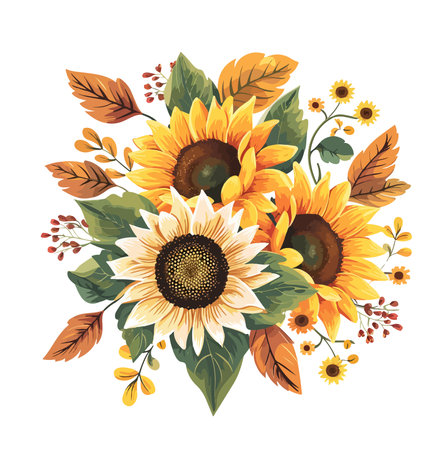 Bouquet of sunflowers and leaves. Vector illustration.のイラスト素材