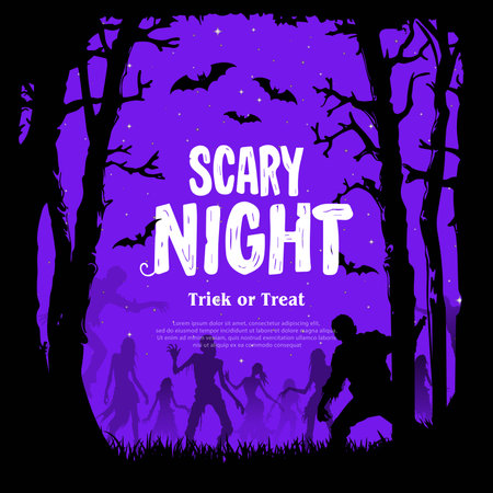 Halloween night party invitation template with silhouettes of zombies and bats. Vector illustration.のイラスト素材